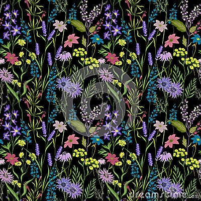 Floral pattern with forest flower.Vintage fashion.Floral romantic black background for textile, fabric, covers Vector Illustration