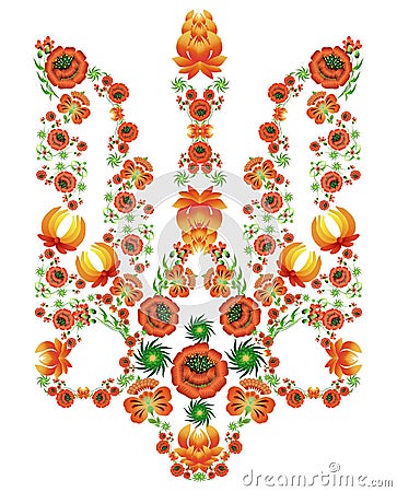 Floral pattern in the form of the coat of arms of Ukraine in the style of painting Petrykivka. Vector Illustration