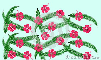 Floral pattern with green palm leaves and red hibiscus flowers on blue background Vector Illustration