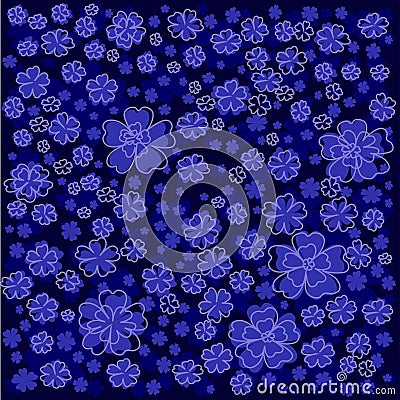 Floral pattern with light blue lined and colored flowers on blue background Vector Illustration