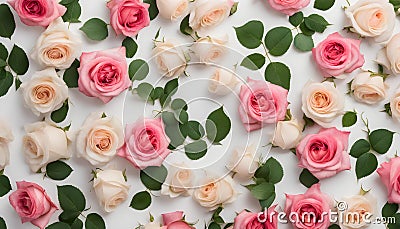 Floral pattern made of pink and beige roses, green leaves, branches on white background Stock Photo