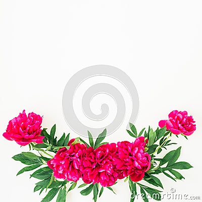 Floral pattern of peony and leaves on white background. Flat lay, top view. Pattern made of flowers Stock Photo