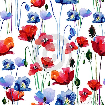 Floral pattern with poppies. Watercolor. Stock Photo