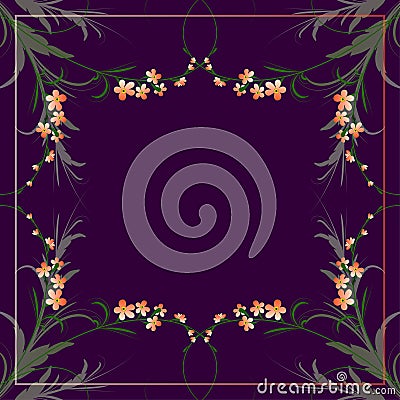 Floral pattern on a purple background orange flowers with leaves and a green shoot for the design of a headscarf, hijab Stock Photo