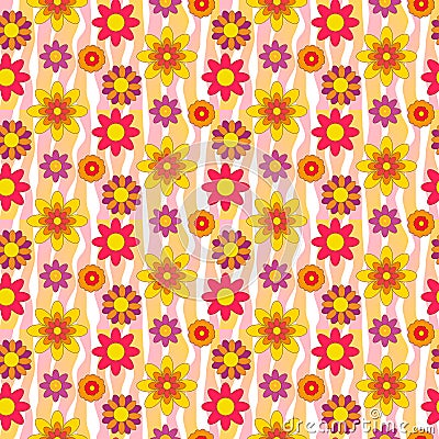 Floral pattern retro 70s style. Bright and stylish pattern with stripes and flowers. Vector Illustration