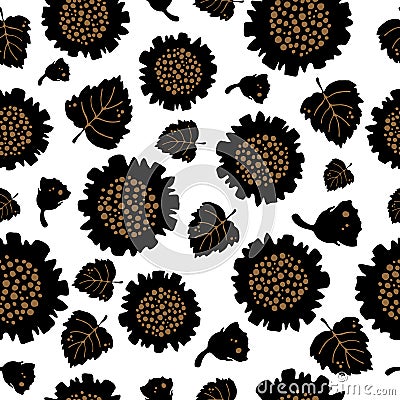 Floral pattern. Seamless pattern with large sunflower flowers, small buds on a branch, various foliage on. Botanical Vector Illustration