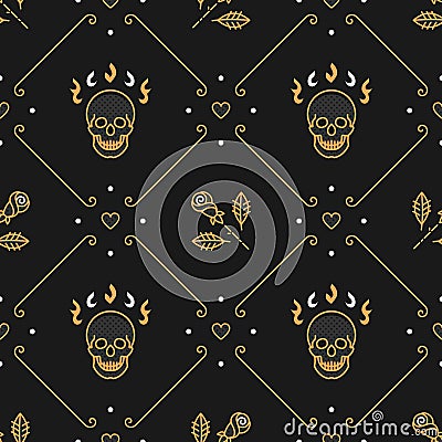 Floral pattern seamless, rhombus backdrop, Art Deco background, skull roses Vector Illustration