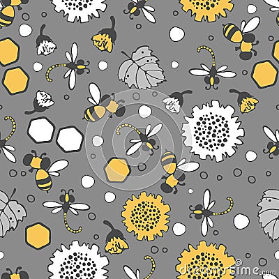 Floral pattern. Seamless vector pattern with large sunflower flowers, bees and dragonflies, small buds on a branch Vector Illustration