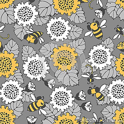 Floral pattern. Seamless vector pattern with large sunflower flowers, bees and dragonflies, small buds on a branch Vector Illustration