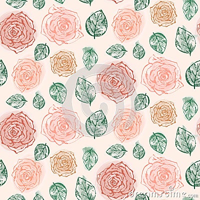 Floral pattern with tender orange roses and leaves Vector Illustration