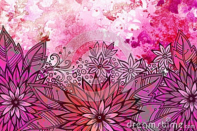 Floral Pattern on Watercolor Painting Stock Photo