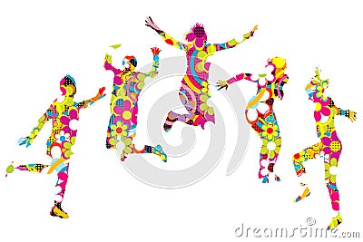 Floral patterned young people silhouettes jumping Vector Illustration