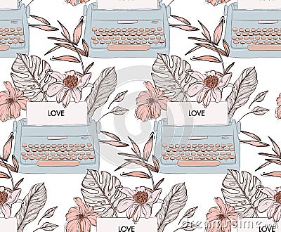 Floral penis funny seamlss pattern, vintage spring summer illustration male organ in flowers background. Tropical wallpaper leaf Vector Illustration