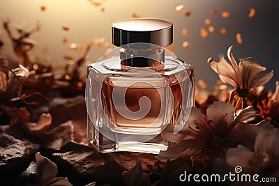Floral perfume bottle, modern luxury lady perfume on dark background. AI generated Stock Photo