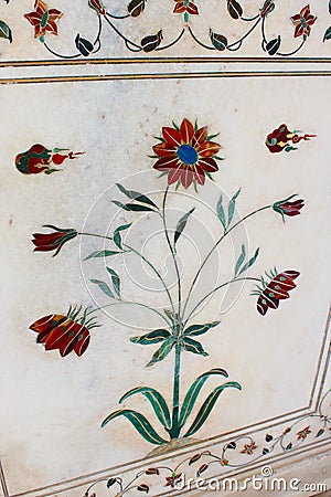 Floral Pietra dura (Parchin kami) work in the Taj Mahal, incorporating precious and semi-precious stones. Stock Photo