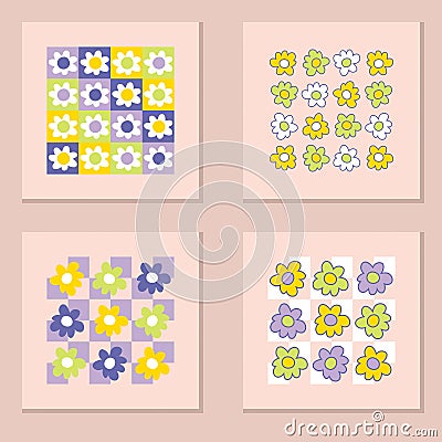 Floral prints collection with daisy flowers in 1970s style. Hippie aesthetic stickers for T-shirt, textile and fabric. Hand drawn Vector Illustration