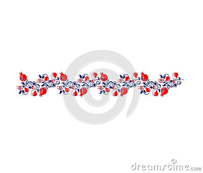 Floral red blue border with ethnic motif with abstract pomegranate tree, fruit and hearts for book decoration, greeting card, wedd Vector Illustration