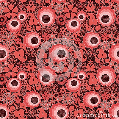 Floral red lacy seamless pattern on black Stock Photo