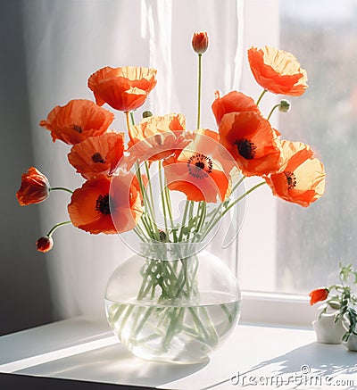 poppy floral vase celebration flower sunshine beautiful red bouquet decoration background. Generative AI. Stock Photo