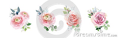 Set of floral romantic bouquets for wedding invite or greeting card. Pink peach Roses flower with Greenery leaves. Vector Illustration