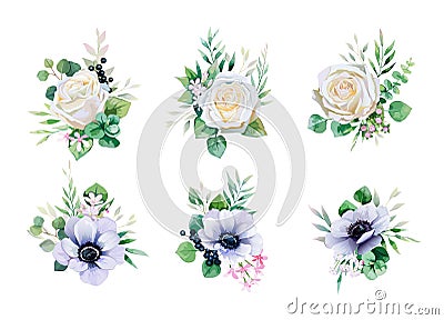 Floral romantic bouquets for wedding invite or greeting card. White Rose and Anemone flower, Greenery leaves. element set. Vector Illustration