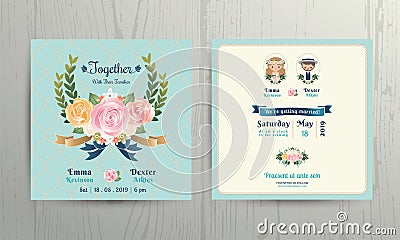 Floral roses wreath wedding cartoon bride and groom couple invitation card Vector Illustration