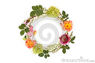Floral round crown (wreath) with flowers and leaves. Flat lay Stock Photo