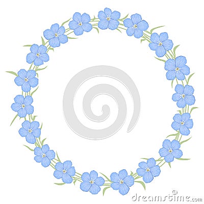 Floral round frame from blue flax flowers Vector Illustration