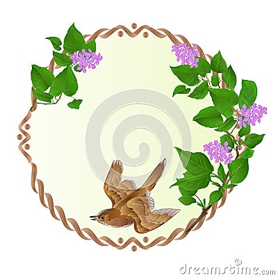 Floral round frame with Purple Lilac and cute small singing bird vintage festive background vector Vector Illustration