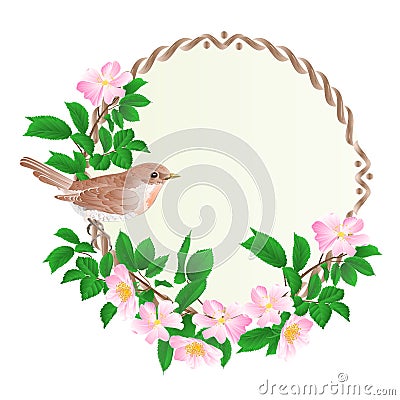 Floral round frame with wild Roses and cute small singing bird vintage festive background vector Vector Illustration