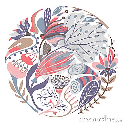 Floral round shape. Hand drawn creative flower in circle. Colorful artistic background with blossom. Abstract herb Vector Illustration