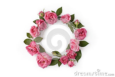 Floral round wreath. Flowers composition made of roses isolated on white background Stock Photo