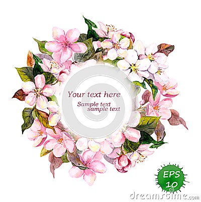 Floral round wreath with pink flowers for elegant vintage and fashion design. Watercolor vector Vector Illustration