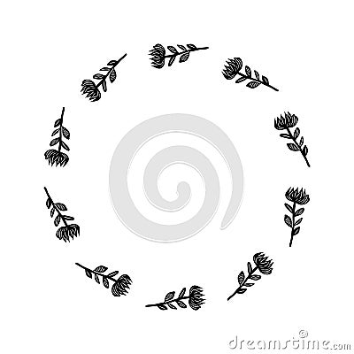 Floral scandi wreath in quirky vector style isolated on white background. Decorative frames for playful antique graphics Stock Photo