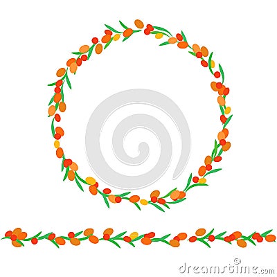 Floral sea buckthorn wreath and ornament Vector Illustration