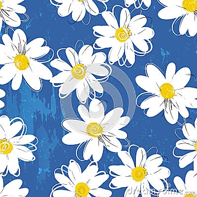 Floral seamless background pattern, with abstract flowers, daisies, paint strokes and splashes, on blue Vector Illustration