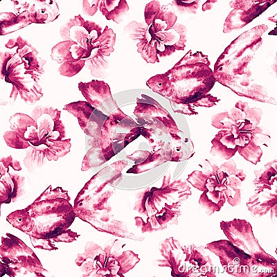 Floral seamless background. Pattern with beautiful watercolor flowers and fish. Botanical hand drawn illustration Cartoon Illustration