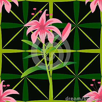 Floral seamless checkered pattern with pink lilies Vector Illustration