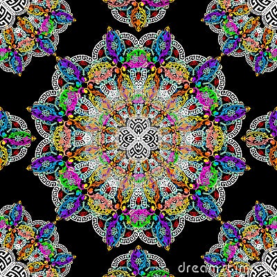 Floral seamless mandalas pattern. Colorful patterned vector background. Vintage flowers, leaves. Round flourish Baroque mandala Vector Illustration