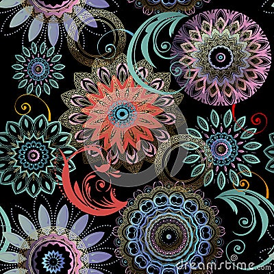 Floral seamless mandalas pattern. Elegance colorful patterned background. Ethnic style lacy flowers, leaves. Round flourish Vector Illustration