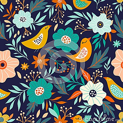 : Spring time seamless pattern with floral design Vector Illustration