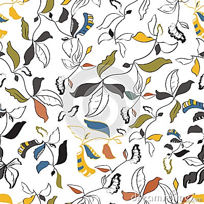 Floral seamless pattern with abstract leaves and plants. Vector Illustration