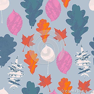 Floral seamless pattern with autumn grunge blue, red, orange, white, pink tree leaves on pastel blue background. Maple, Elm, Oak, Vector Illustration