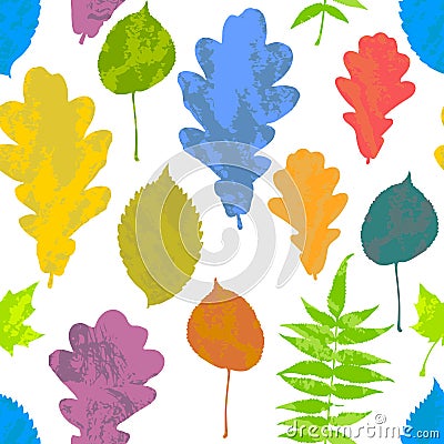 Floral seamless pattern with autumn grunge yellow, red, orange, green, blue tree leaves on white background. Maple, Elm, Oak Vector Illustration