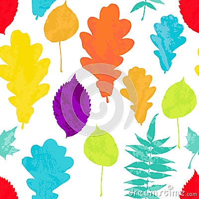 Floral seamless pattern with autumn grunge yellow, red, orange, green, blue, violet tree leaves on white background. Vector Illustration
