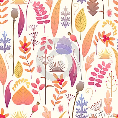 Floral Seamless Pattern with Autumn Plants Vector Illustration