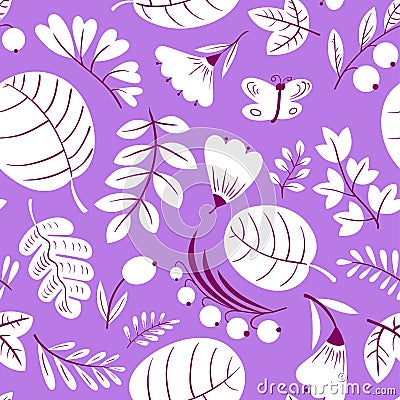 Floral seamless pattern. Background with flowers and leaves. Vector illustration with natural objects Vector Illustration