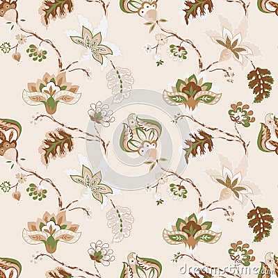 Floral seamless pattern, background. Whimsical flowers Jacobean style on a pastel beige background Vector Illustration