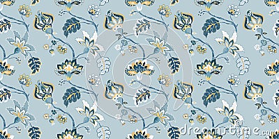 Floral seamless pattern, background. Whimsical flowers Jacobean style on a pastel blue background Vector Illustration