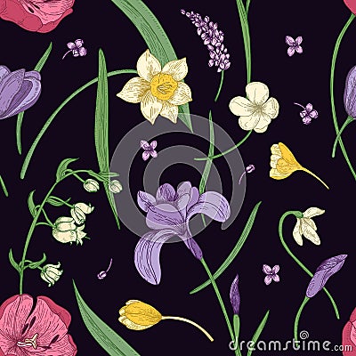 Floral seamless pattern with beautiful blooming spring flowers hand drawn in antique style on black background Vector Illustration